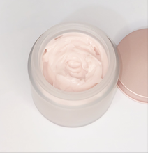 Load image into Gallery viewer, Open jar of pink rosehip + lavender face mask cream on a light gray background