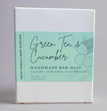 Load image into Gallery viewer, Handmade Brody Brielle bar soap box with 'Green Tea &amp; Cucumber' label on a light gray background
